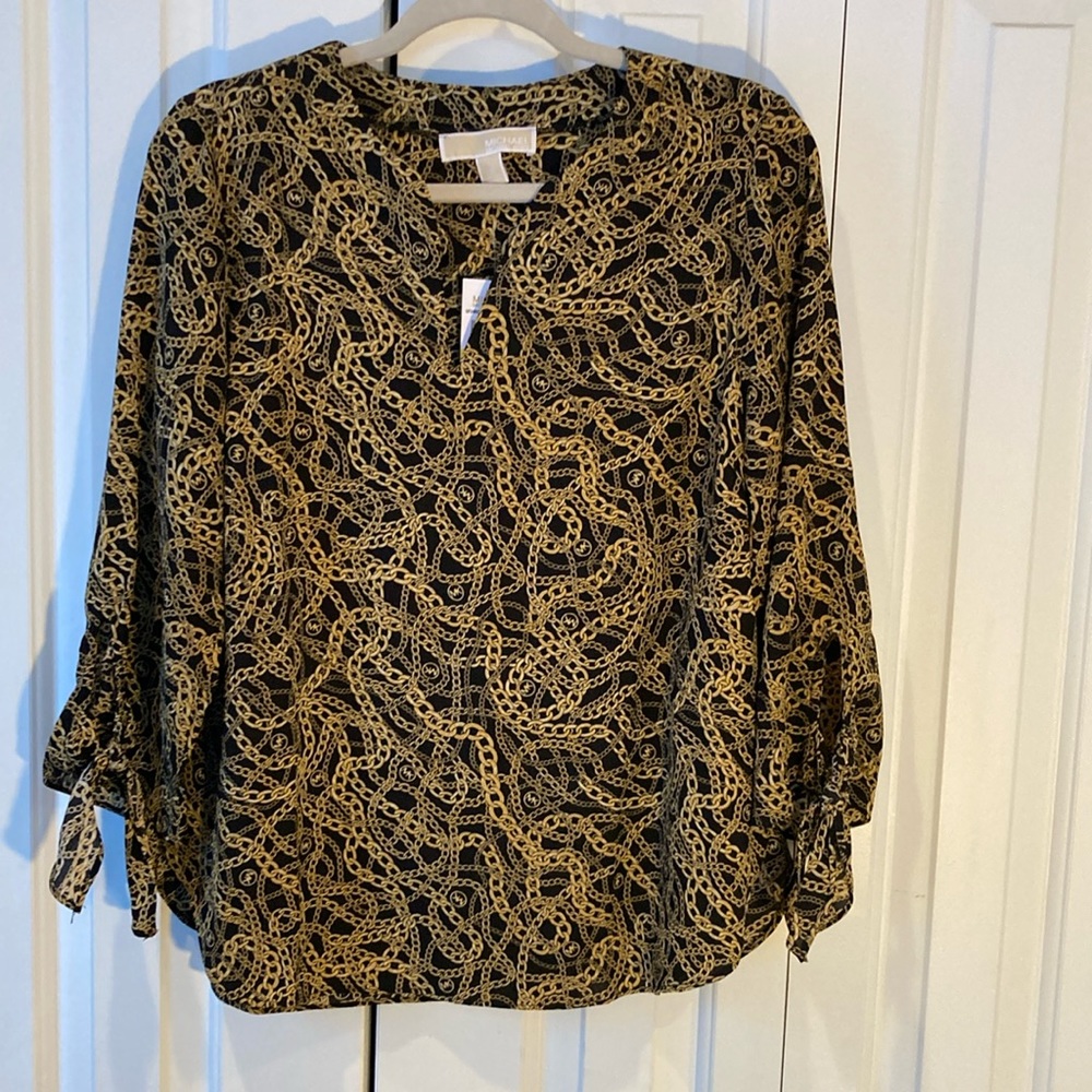 NWT Michael Kors Gold Chain Link Logo Peasant Blouse Size M